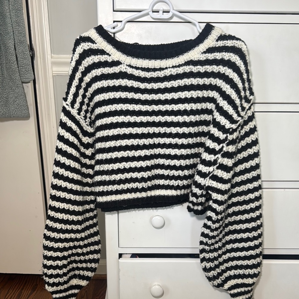 Black and White Striped Crew Neck Sweater